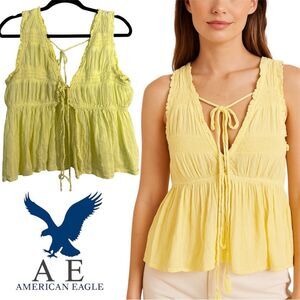 American Eagle Light Yellow Ruffled Babydoll Top L